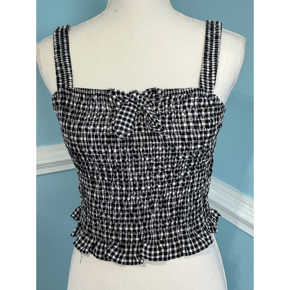 Sienna Sky Black White Gingham Smocked Crop Top Bow Ruffle Hem Large